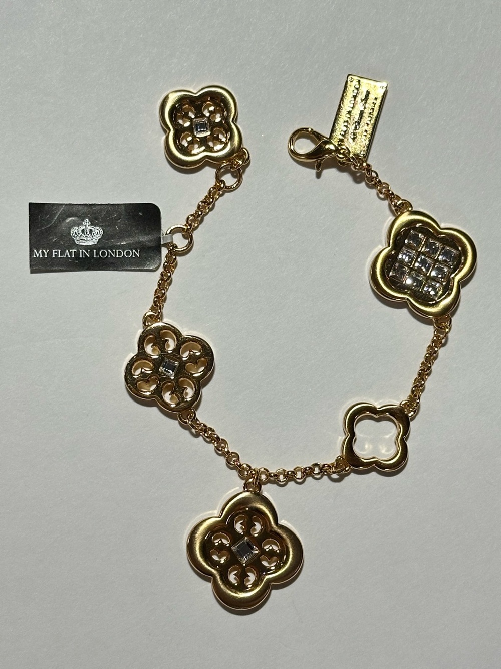 NWT Brighton My Flat in London Gold Tone Clover Charm Bracelet w/ Crystal Accent